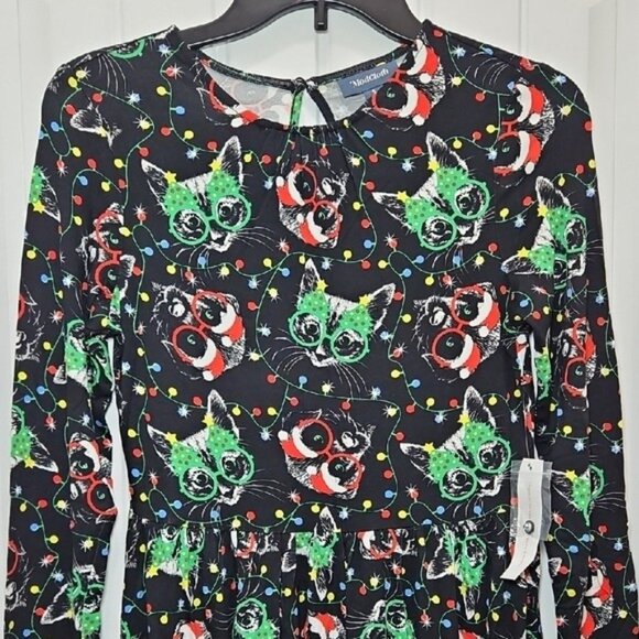 Modcloth Festive Holiday Kitty Dog Christmas Print Long Sleeve Dress Small New - Picture 3 of 10